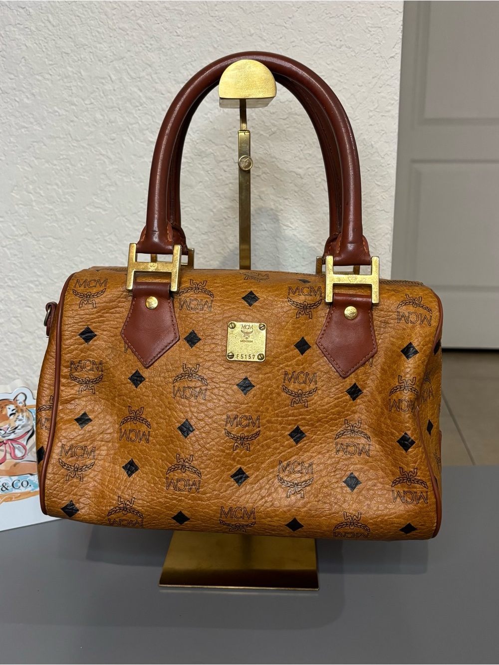 MCM Cognac Visetos Boston Satchel with Dark Brown Handles w/COA